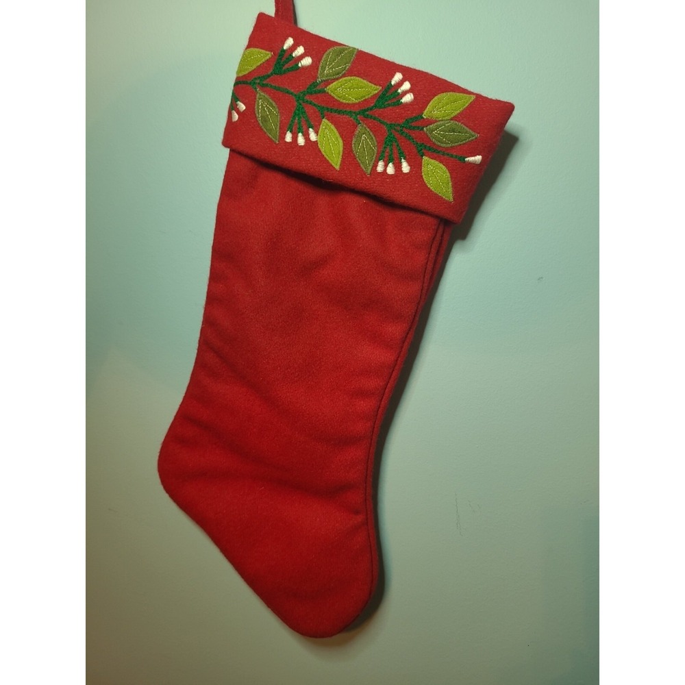 Vintage Red Wool Large Christmas‎ Stocking Applique Embroidered 18" long